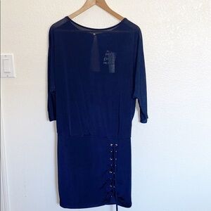 WHBM Navy Blue Lace Up 3/4 Sleeve Semi Sheer Dress